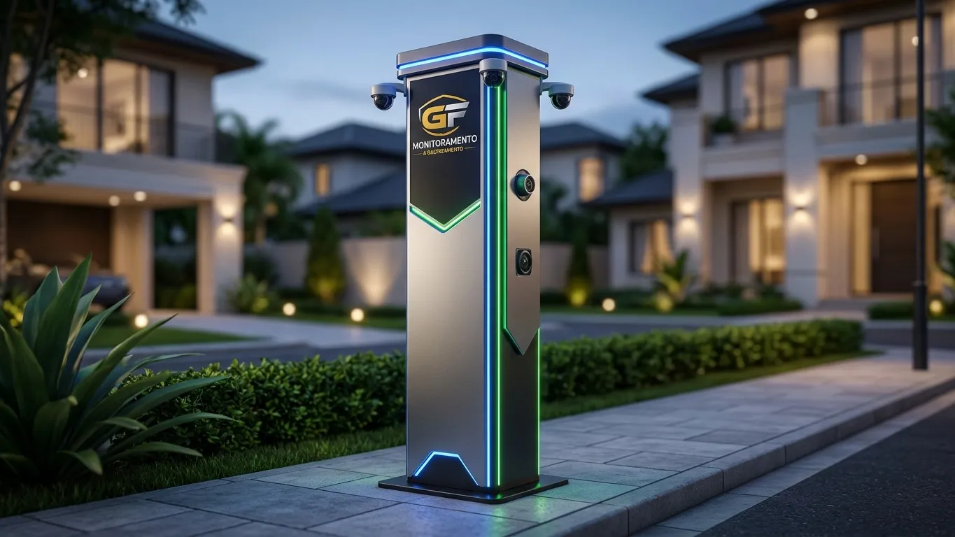 Totem de segurança GF Monitoramentos instalado em rua residencial