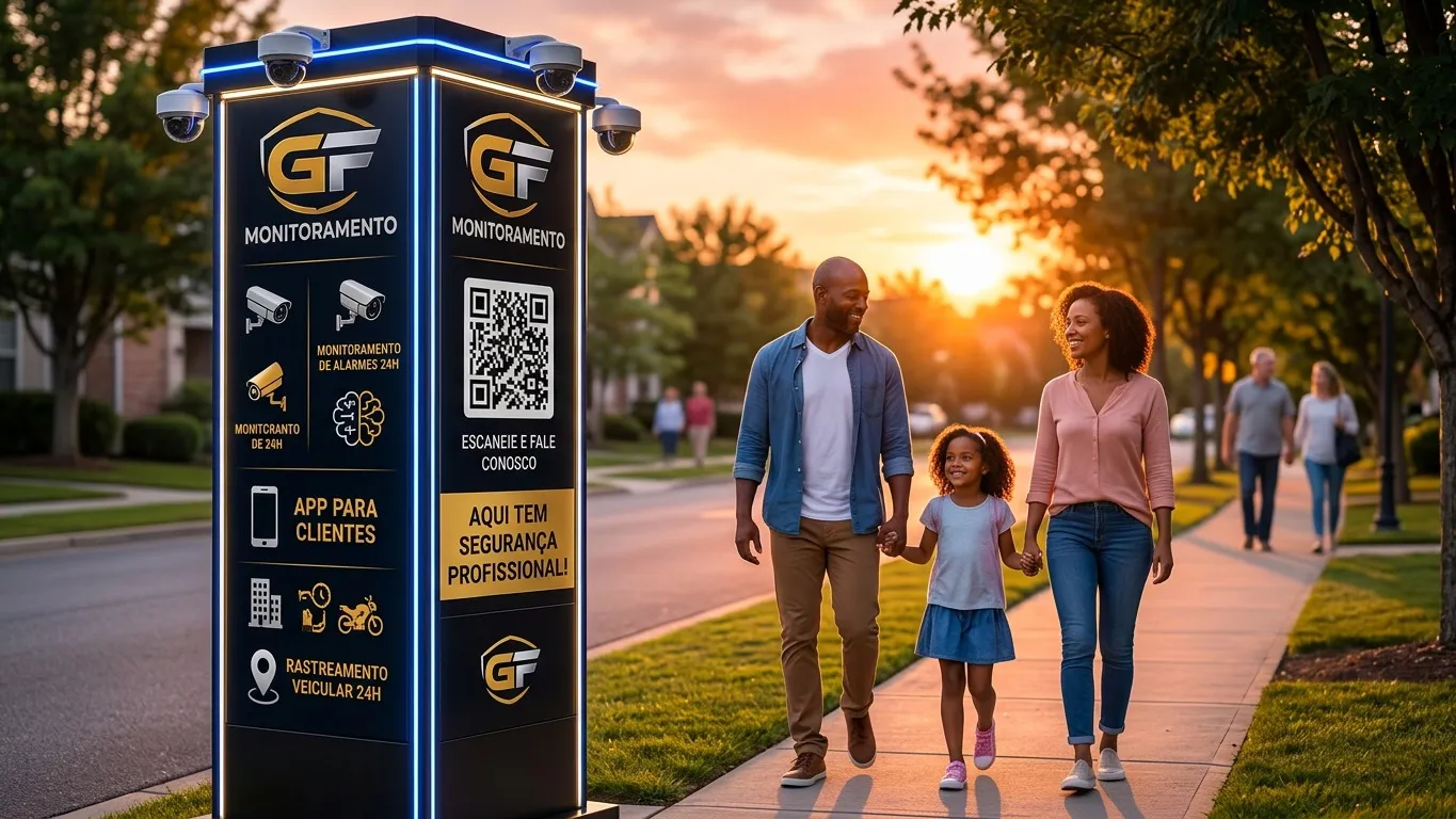 Família em vizinhança protegida por totem de segurança GF Monitoramentos